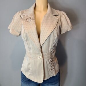 Y2K Heart Soul Pinstripe Fitted Jacket Top Embroidered Parisian Brown Stripe M